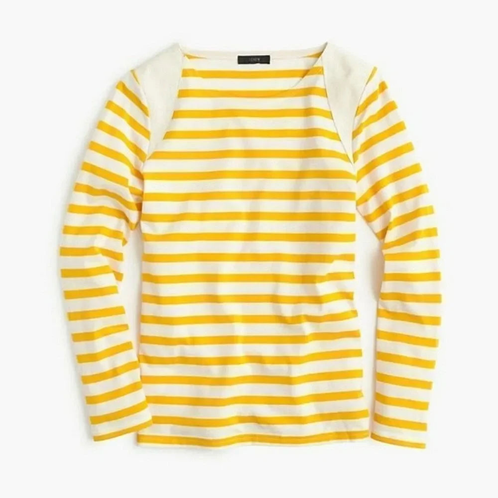 J.Crew Women's Crewneck Yellow Stripe Suede Shoulder Long Sleeve Pullover Top